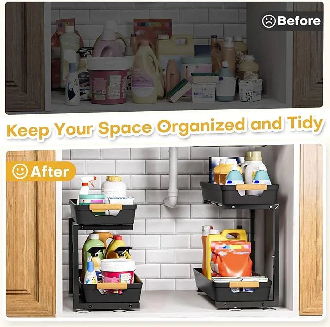 Homde 2-Tier Under Sink Organizer: 2pcs Set Adjustable Pull Out Drawer Undersink Cabinet Storage Rack for Home Kitchen Bathroom - NeatNest