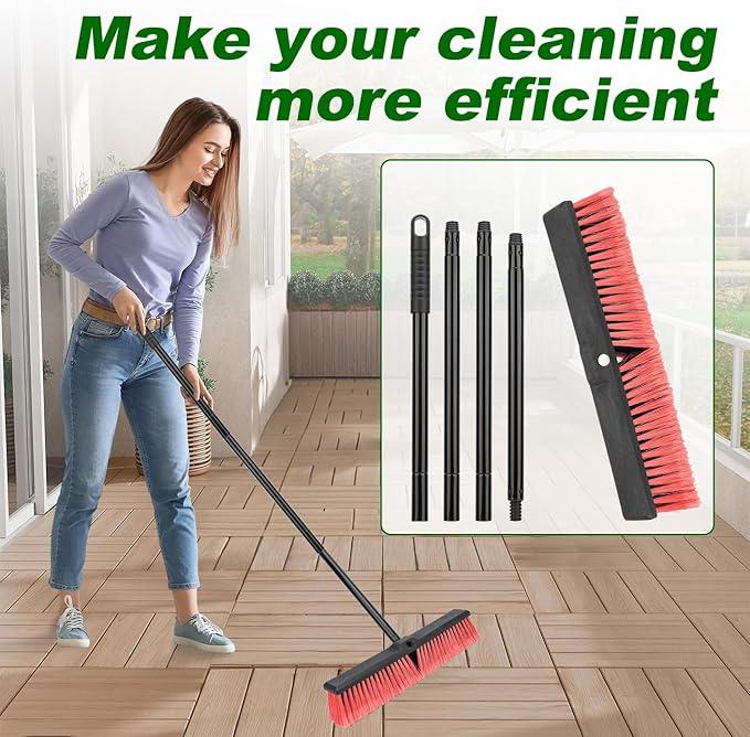 18 Inches Push Broom Outdoor- Heavy Duty Commercial Broom with 64.5" Long Handle and Stiff Bristles for Patio Garage Deck Concrete Wood Stone Tile Driveway Yard Warehouse Shop Floor Cleaning - NeatNest