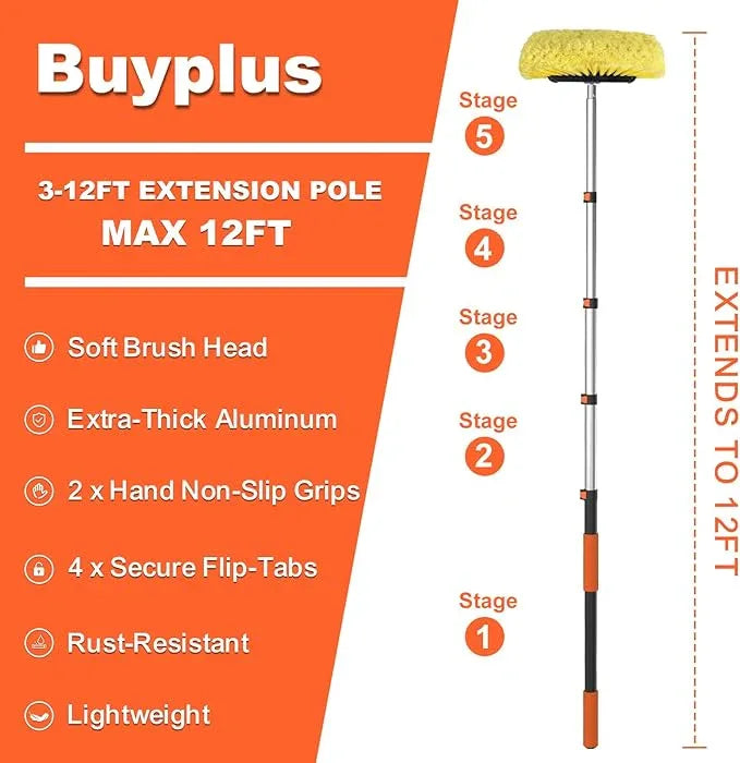 Buyplus 12FT Car Wash Brush with Long Handle, 12-Inch Soft Bristle, with Aluminium Telescoping Pole, for Cleaning Car, SUV, RV, Boats, House Siding, Floors, Solar Panels, and More - NeatNest