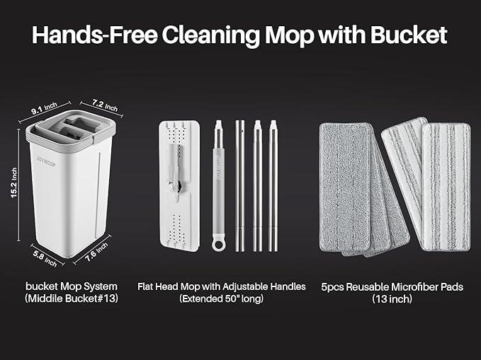 JOYMOOP Mop and Bucket with Wringer Set, Hands Free Flat Floor Mop and Bucket, with 5 Washable Microfiber Pads, Wet and Dry Use, Floor Cleaning System - NeatNest