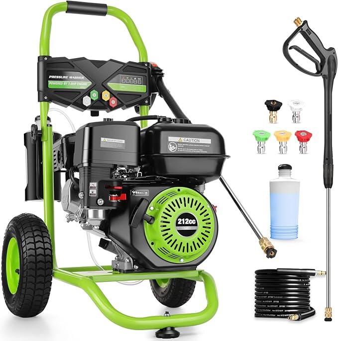 4200 PSI Gas Pressure Washer, 4.0 Max GPM 212CC 7HP Commercial Gas Power Washer, Spray Gun and Wand, 5 Nozzle Set, for Cars/Fences/Driveways/Homes/Patios/Furniture (Green) - NeatNest