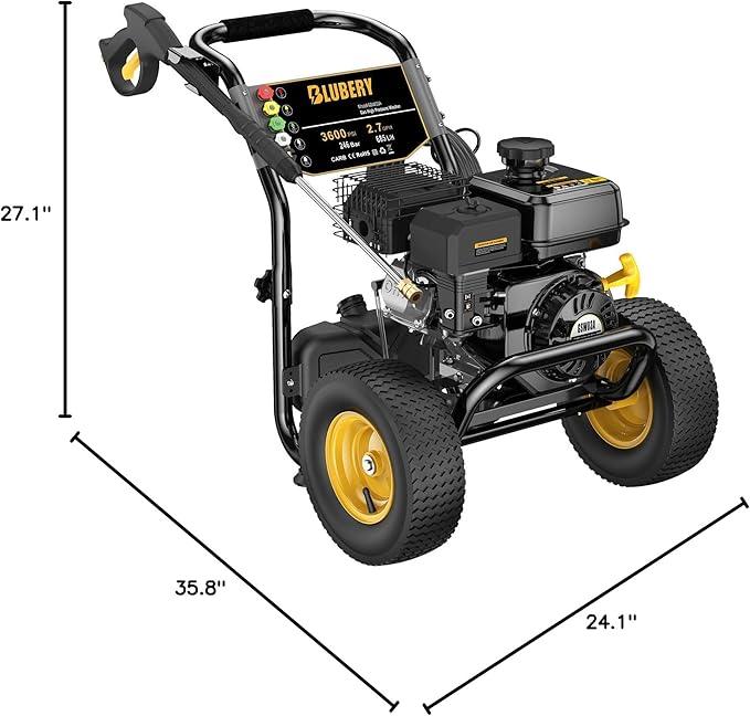 BLUBERY 3600 PSI Gas Pressure Washer, 2.7 GPM Heavy Duty High Power Washer, 30Ft Pressure Hose&Soap Tank,5 Pressure Nozzles,Black - NeatNest