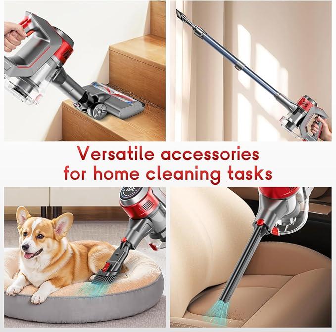 Cordless Stick Vacuum Cleaner - Rechargeable, 35Kpa Powerful Vacuums with Detachable Battery, LED Display, 45Mins Runtime, 8 in 1 Handheld Vacuum for Hardfloor & Carpets Pet Hair, Red - NeatNest