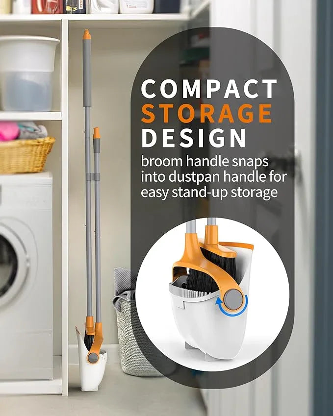 MR.SIGA Broom and Dustpan Set with Long Handle, Stand Upright Broom with Dustpan Combo for Cleaning Office, Garage, Lobby, Lightweight Sweeping Set, 51.7"(131 cm) Long Handle, White & Orange - NeatNest