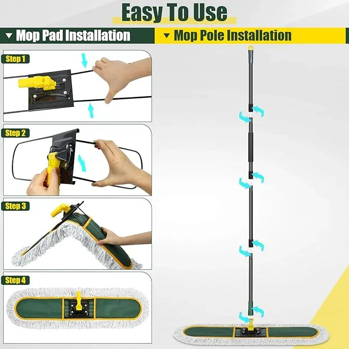 24" Commercial Dust Mop for Floor Cleaning, Heavy Duty Large Mop with Replacement Mops Pads, Industrial Duster Floor Wet Dry Broom for Cleaning Office Garage Hardwood Warehouse - NeatNest
