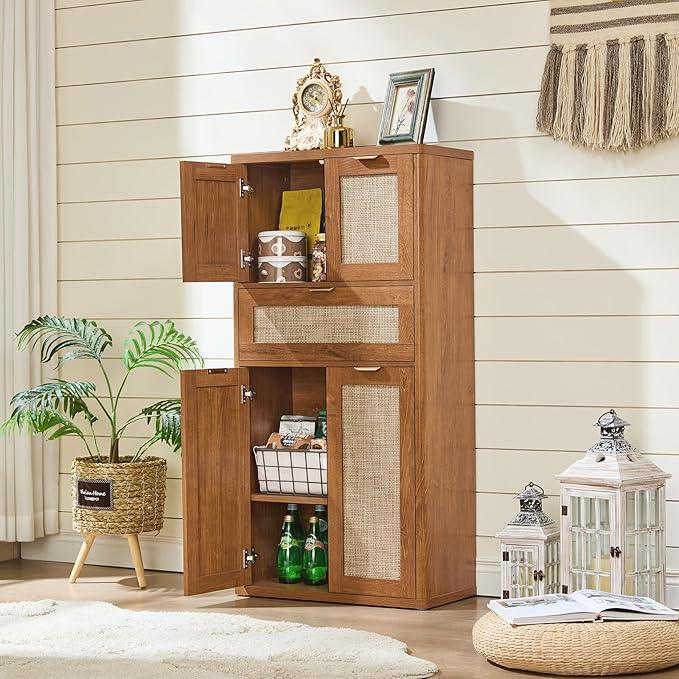 LEYAOYAO 48" Tall Storage Cabinet,Rattan Bathroom Floor Cabinets with 4 Doors & 1Drawer,Boho Kitchen Pantry with Adjustable Shelves,Wooden Cupboard for Living Room,Home Office,Dining,Brown - NeatNest