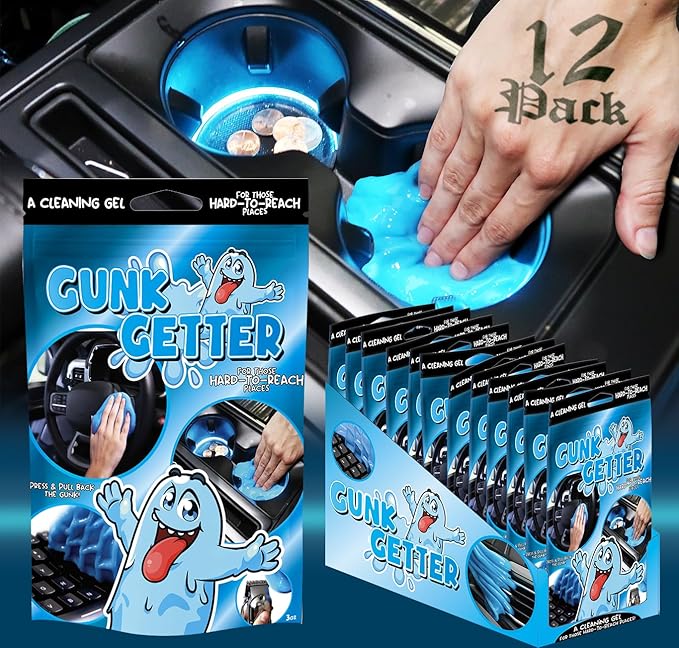 Gunk Getter, Cleaning Gel for Those Hard to Reach Places, Automotive Cup Holder Electronic Keyboard Office, Slime Gel Cleaner Dust Crumb Removal (Resealable Pouch, Blue, 3oz) 12 Pack