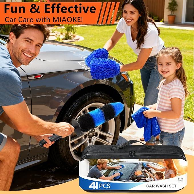 MIAOKE 41Pcs Professional Car Detailing Kit, Car Wash Kit with Portable Handbag, Wet and Dry Use Car Cleaning Kit, Durable Drill Brush, Apply to Interior, Exterior, Wheels, Trucks, Motorcycles - NeatNest