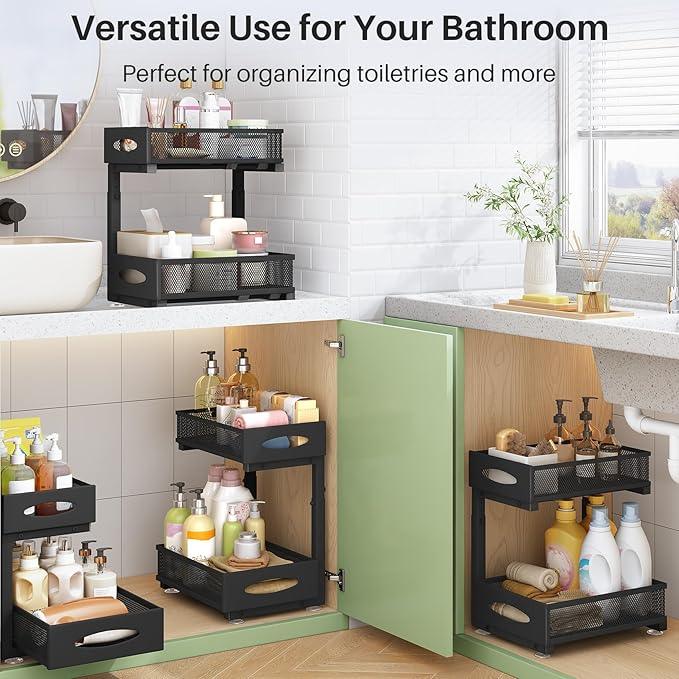 Under Sink Organizer, 2 Tier Pull out Cabinet Organizer Baskets with Mesh Sliding Drawers, Slide out Storage Shelf for Home, Kitchen, Bathroom, Pantry, Office Cabinet, Countertop(1 Pack) - NeatNest
