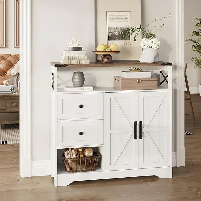 Fameill Farmhouse Storage Cabinet with Drawers and Open Storage,Freestanding Kitchen Pantry with 2 Barn Doors, Floor Cabinet with Adjustable Shelf for Living Room,White - NeatNest