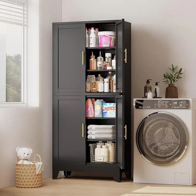 75" H Tall Kitchen Pantry Cabinet, Pantry Storage with Doors and 3 Adjustable Shelves, Metal Storage, Cupboard for Kitchen, Black - NeatNest