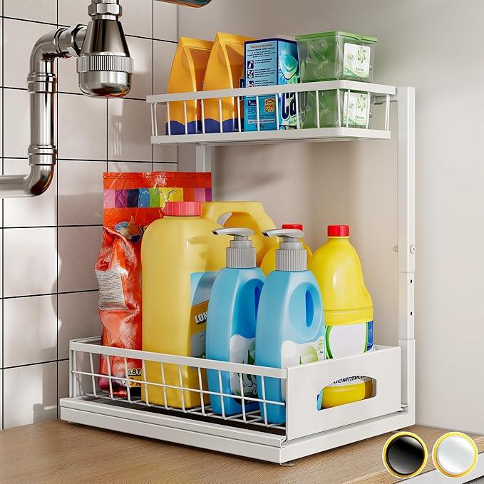 Under Sink Organizer and Storage, Height Adjustable Cabinet Organizer with Slide Out Drawer, Pull Out Under Sink Storage, Multi-Purpose 2 Tier Sink Shelves for Kitchen Bathroom Pantry (White, 1 Pack) - NeatNest