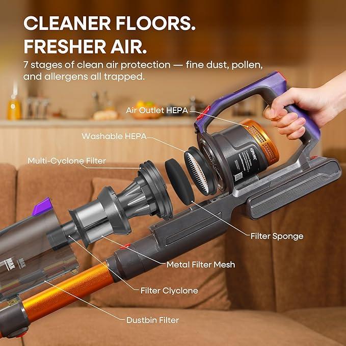 KIPMAX Cordless Vacuum Cleaner, 50KPa 550W Stick Vacuum for Home, 70Mins Anti-Tangled Vacuum Cleaner for Pet Hair/Carpet/Floor, Self-Standing Vacuum with Rechargeable Battery, LED Display&Aromatherapy - NeatNest