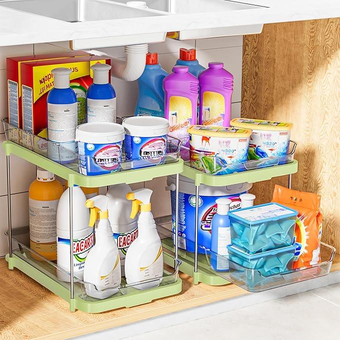 Delamu 2-Tier Multi-Purpose Bathroom Under Sink Organizers and Storage, Stackable Kitchen Pantry Organization, Pull Out Medicine Cabinet Organizer with Movable Dividers, Green, 2 Pack - NeatNest