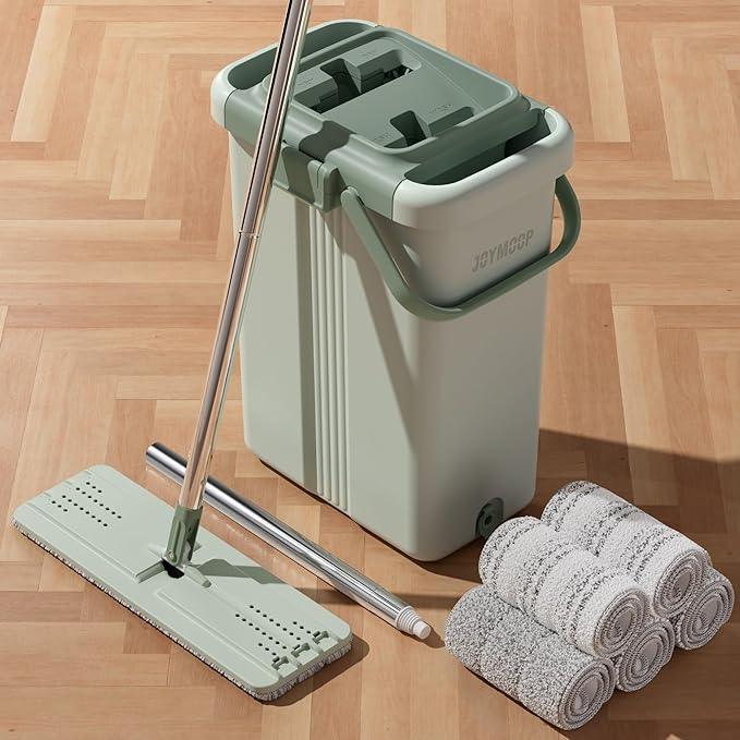 JOYMOOP Mop and Bucket Set - Mops for Floor Cleaning & Wall Cleaner with Long Handle, Include 5 Microfiber Mop Pads - Green Bucket (X-Large) - NeatNest