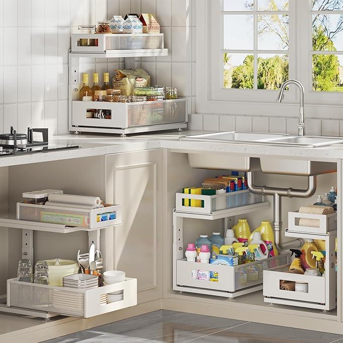 2 Pack Under Sink Organizer With Next-Gen Ball-Bearing Slides,2-Tier Pull Out Cabinet Storage,Height Adjustable Drawer Shelf for Bathroom,Kitchen,Laundry,Cabinet,Pantry(Patent Pending) - NeatNest