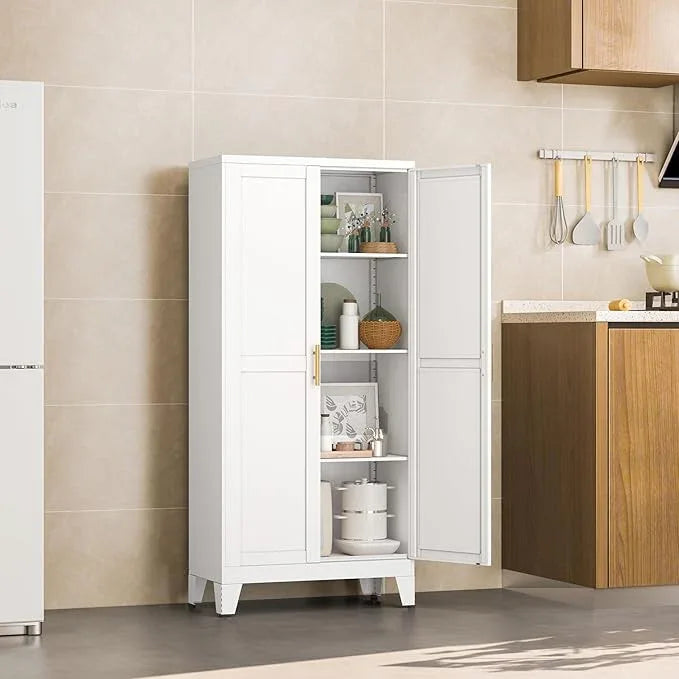 White Metal Storage Cabinet, 48" Steel Cabinets for Home Office, Kitchen Pantry Storage Cabinet with Doors and 3 Adjustable Shelves, for Office, Home, Garage, School - NeatNest
