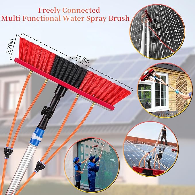 30 FTWater Fed Pole Kit Adjustable Solar Panel Cleaning Kit Cleaner Tool for Window Glass Roof Outdoor Glass Brush Window Washing Equipment (30ft)
