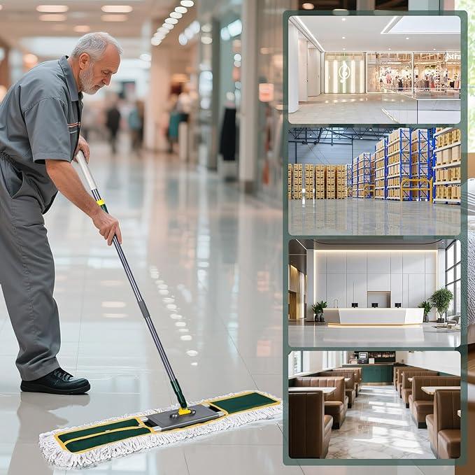 36" Commercial Mop, Masthome Heavy Duty Industrial Mop for Floor Cleaning,Commercial Dust Mop with 3 Reusable Pads,60”Long Handle Wet Dry Flat Mops for Hardwood Floors, Marble, Laminate, Tile(Green) - NeatNest