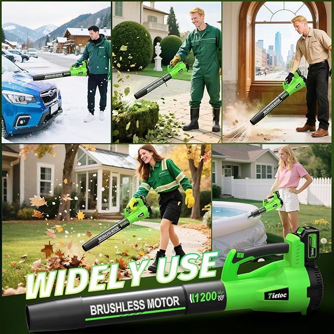 Tietoc Leaf Blower Cordless, 1200W Brushless Electric Leaf Blower with 2 X 5.0Ah Battery, 6 Speed Powerful Leaf Blowers for Garden, Lawn Care, Christmas Stocking Stuffers Gifts for Women Men(Green) - NeatNest