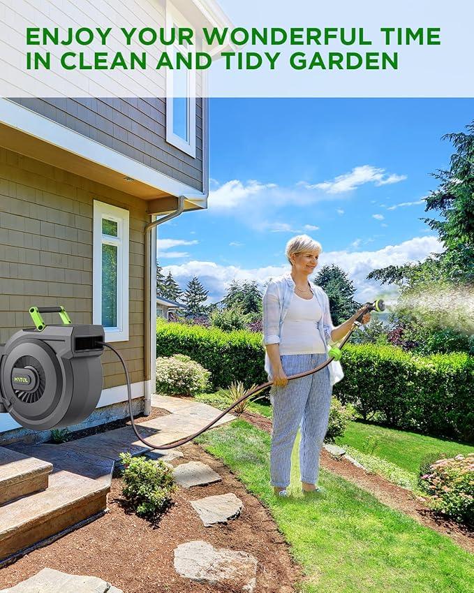 Retractable Garden Hose Reel, 1/2 Inch x 100 ft + 6 ft Wall Mount Hose Reel with Automatic Slow Rewind System, Any Length Lock, 10 Patterns Hose Nozzle, 180°Swivel Bracket, for Garden Watering - NeatNest