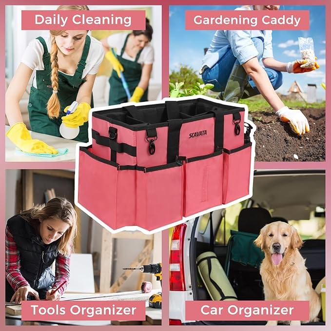 Wearable Cleaning Caddy Bag, Cleaning Caddy Supplies Organizer with Handle & Shoulder Straps for Housekeepers, Under Sink & Car Cleaning Tool Organizers with 4 Foldable Divider (RoseRed) - NeatNest