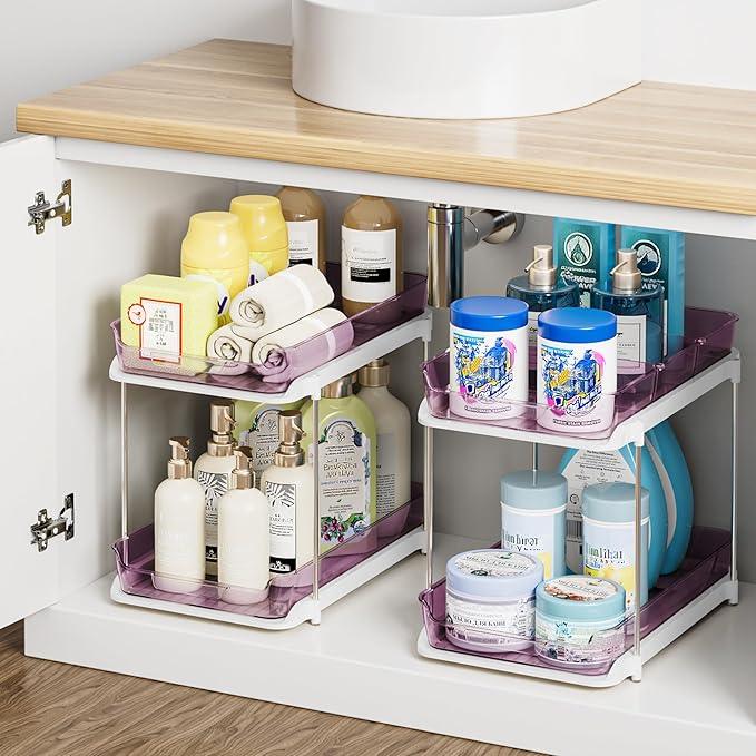 Delamu 2-Tier Multi-Purpose Bathroom Under Sink Organizers and Storage, Stackable Kitchen Pantry Organization, Pull Out Medicine Cabinet Organizer with Movable Dividers, Purple, 2 Pack - NeatNest