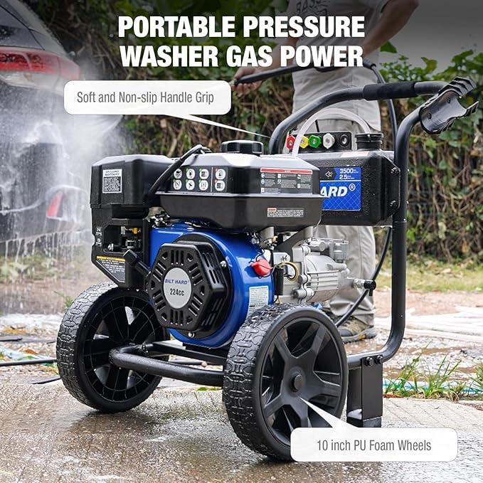 BILT HARD 3500 PSI 2.5 GPM Gas Power Pressure Washer, 224cc 4-Cycle Engine, Heavy Duty Gas Pressure Washer with Spray Gun and Wand, 5 Quick Connect Nozzle Tips, 3/5"×25' Hose, 49-State - NeatNest