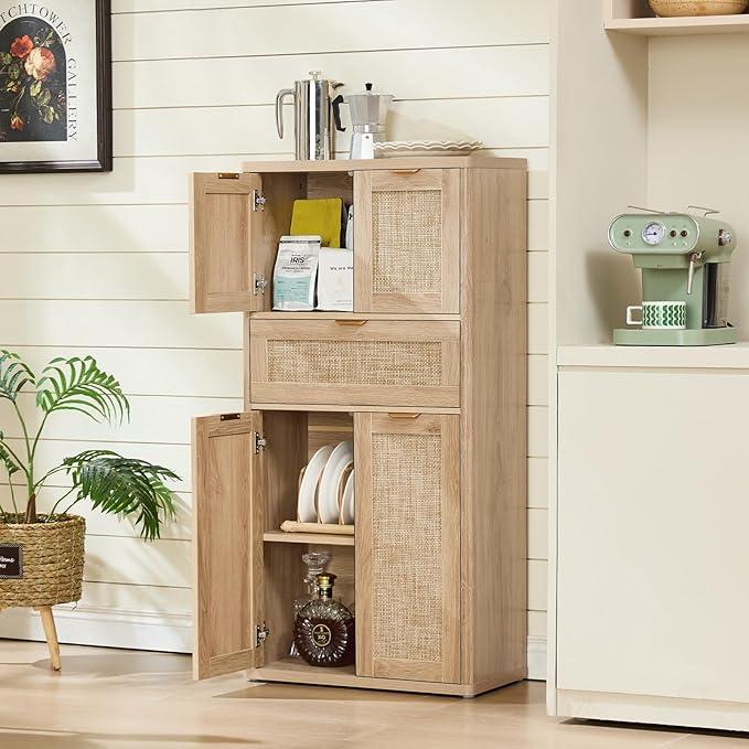 LEYAOYAO 48" Tall Storage Cabinet,Rattan Bathroom Floor Cabinets with 4 Doors & 1Drawer,Boho Kitchen Pantry with Adjustable Shelves,Wooden Cupboard for Living Room,Home Office,Dining,Natural Wood - NeatNest