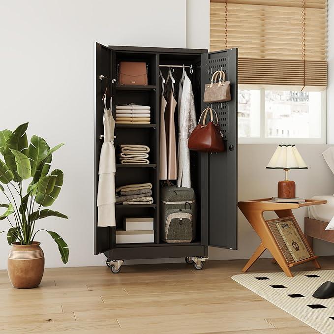 SUXXAN Broom Closet Storage Cabinet with Wheels 61.6"x 27.5"x11.7", Metal Cleaning Cabinets with Hooks and Hanging Rods, Lockable Cabinet with Pegboard, Adjustable Shelf,for Garage, Laundry Room - NeatNest