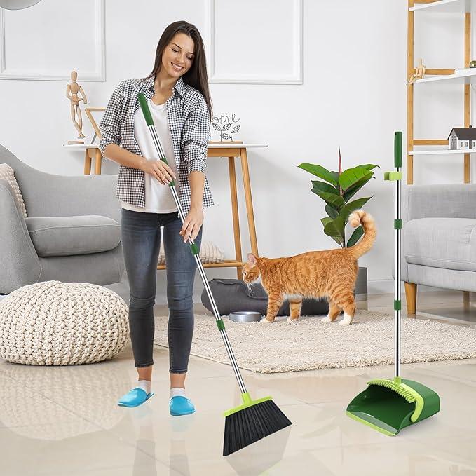 Broom and Dustpan Set, 52-in Long Adjustable Handle Broom Dustpan Combo with Dust pan Teeth to Automatically Clean Hair Suitable for Home Kitchen Office Hall Floor (Green), 4 Pack - NeatNest