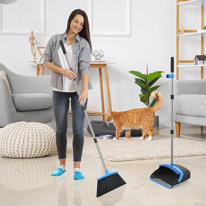 NACENA Broom and Dustpan Set, 52-in Long Adjustable Handle Broom Dustpan Combo with Dustpan Teeth to Automatically Clean Hair Suitable for Home Kitchen Office Hall Floor(Black&Blue) - NeatNest