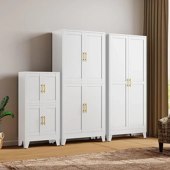 47“H White Metal Bathroom Storage Cabinet, Kitchen Pantry Cabinet with Doors and 3 Adjustable Shelves, Bathroom cabinets Organizer, for Home Office, Bedroom - NeatNest