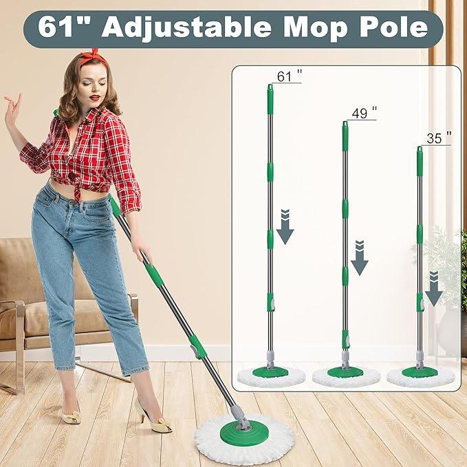 Dual Compartment Spin Mop and Bucket, Mop and Bucket with Wringer Set,360°Rotating Spinning Mopping for Floor Cleaning with 6 Microfiber Replacement Heads, 61" Extended Handle, 2X Wheel - Deep Green - NeatNest