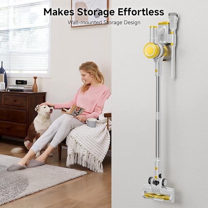 Cordless Vacuum Cleaner, 35Kpa Vacuum Cleaner for Home, 45Mins Stick Vacuum with LED Display, Anti-Tangle & Wall Mount Charging, 6 in 1 Lightweight Vacuum for Hard Floors, Carpet, Pet Hair (yellow) - NeatNest