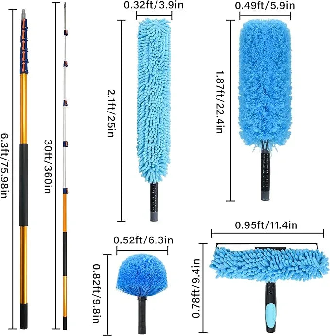 30 FT High Reach Cleaning Kit with 7-30 Foot Telescoping Extension Pole, Flexible Ceiling Fan Duster, Microfiber Feather Duster, Cobweb Duster & Window Squeegee & Washer - NeatNest