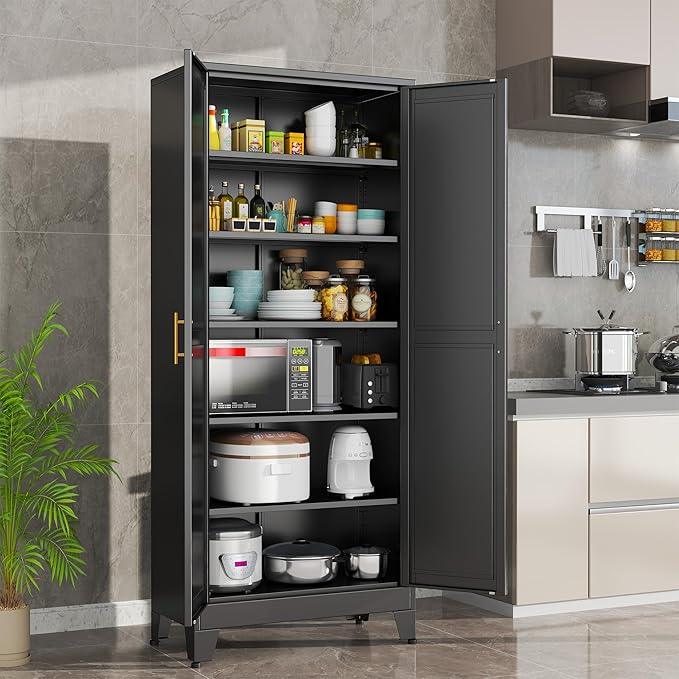 Black Metal Storage Cabinet,75" Steel Cabinets for Home Office, Kitchen Pantry Storage Cabinet with Doors and 5 Adjustable Shelves, Tool Cabinets, for Office, Home, Garage, School - NeatNest
