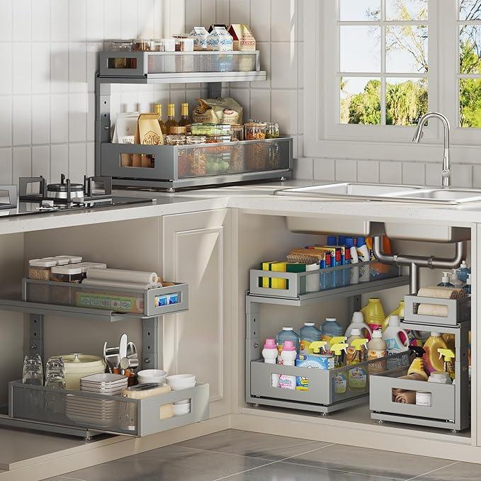 2 Pack 18.5IN-Depth Under Sink Organizer With Next-Gen Ball-Bearing Slides,2-Tier Pull Out Cabinet Storage,Height Adjustable Drawer Shelf for Bathroom,Kitchen,Laundry,Cabinet,Pantry-Gun Gray - NeatNest