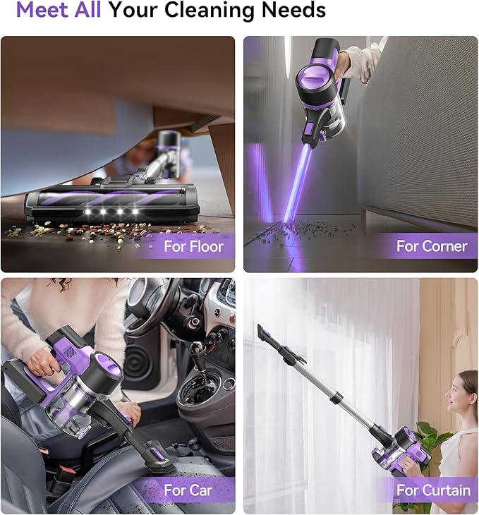 S10 Cordless Vacuum Cleaner, 55Kpa 60mins Lightweight Stick Vacuum with Powerful Suction for Home, Rechargeable, Self-Standing, Handheld Vacuum Cleaners for Hardwood Floors, Carpets, Purple - NeatNest
