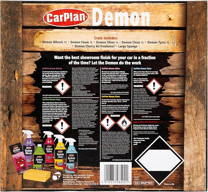 CarPlan Demon Car Wash Kit - 7 Piece Set Includes Car Wash Soap, Wheel Cleaner, Tire Shine, Interior Cleaner, Demon Shine, Air Freshener & Sponge