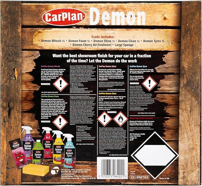 CarPlan Demon Car Wash Kit - 7 Piece Set Includes Car Wash Soap, Wheel Cleaner, Tire Shine, Interior Cleaner, Demon Shine, Air Freshener & Sponge - NeatNest