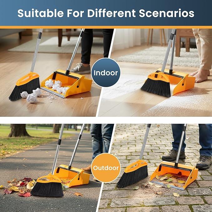 Commercial Broom and Dustpan Set,Long Handle Upright Heavy Duty Dust Pan Outdoor Indoor for Courtyards, Garages, Lobbies, Shopping Malls, Market Floors, Sidewalks, Classroom Floor Cleaning - NeatNest