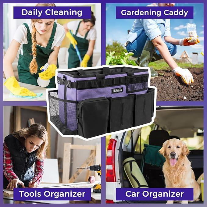 Wearable Cleaning Caddy Bag, Cleaning Caddy Supplies Organizer with Handle & Shoulder Straps for Housekeepers, Under Sink & Car Cleaning Tool Organizers with 4 Foldable Divider (Purple) - NeatNest