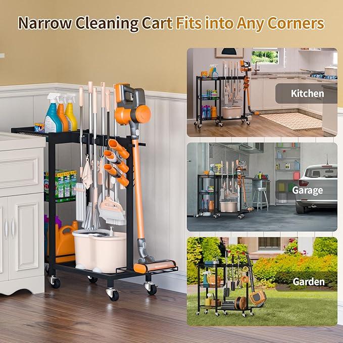 Broom Holder with Cleaning Supplies Organizer Load 350 LBS Cleaning Cart with Wheels Broom Closet Storage with 3-Tier Shelves, 6 Mop Hanger Grippers, 3 Double-Hooks, Vacuum Stand for Laundry Garage - NeatNest