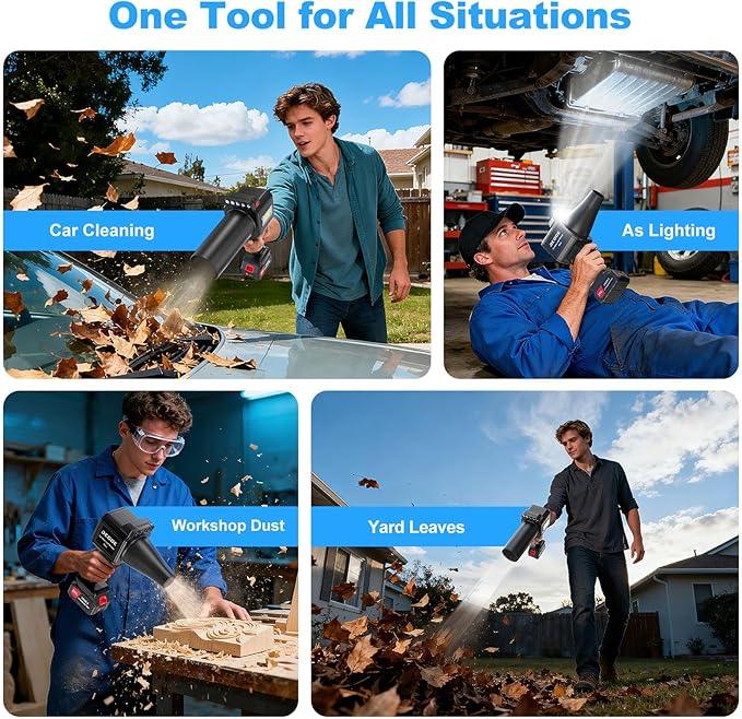 DEGGE Brushless Leaf Blower Cordless, Handheld Leaf Blowers with LED Work Light, Two Interchangeable Nozzles, Turbo Jet Blower for Lawn Care, Patio Cleaning, Garage Dust & Outdoor Use - NeatNest