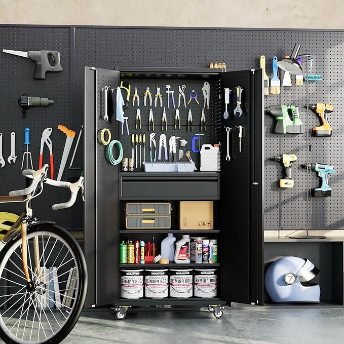 SUXXAN 71" Metal Garage Storage Cabinet with 16 Hooks and Pegboards,1 Drawer Inside Rolling Tool Storage Cabinet with Adjustable Shelves,3 Metal Hanging Rod for Garage,Warehouse - NeatNest