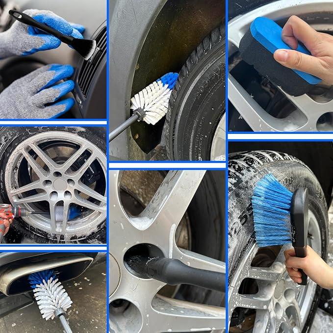 Wheel Brush Kit,Soft Drill Wheel Cleaner Brush, No Scratches Highly Dense Car Cleaning Brush Set for Wheels, Tire, Rims, Engines, Exhaust(Blue + White 3 Pk) - NeatNest