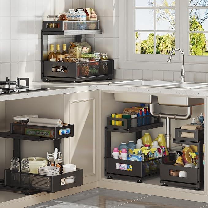 2 Pack Under Sink Organizer with Next-Gen Ball-Bearing Slides,2-Tier Pull Out Cabinet Storage,Height Adjustable Drawer Shelf for Bathroom,Kitchen,Laundry,Cabinet,Pantry(Patent Pending) - NeatNest
