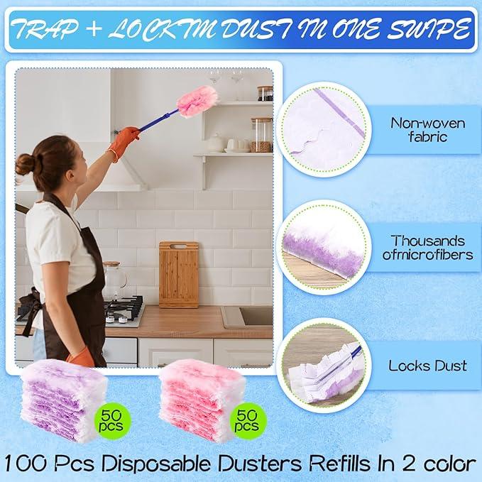 Vesici 100 Pcs Duster Refills Compatible with Swiffer Dusters Bulk Disposable Replacement Thickened with 1 Handle Heavy Duty for Cleaning, Office (Purple and Pink) - NeatNest