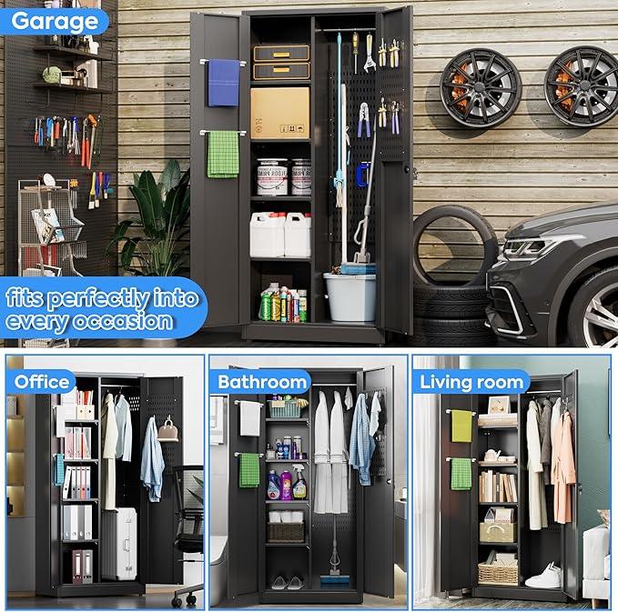 SUXXAN Broom Closet Storage Cabinet 71.4"x 33.9"x16.9", Metal Cleaning Cabinets with Hooks and Hanging Rods, Lockable Cabinet with Pegboard, Adjustable Shelf,for Garage, Laundry Room - NeatNest